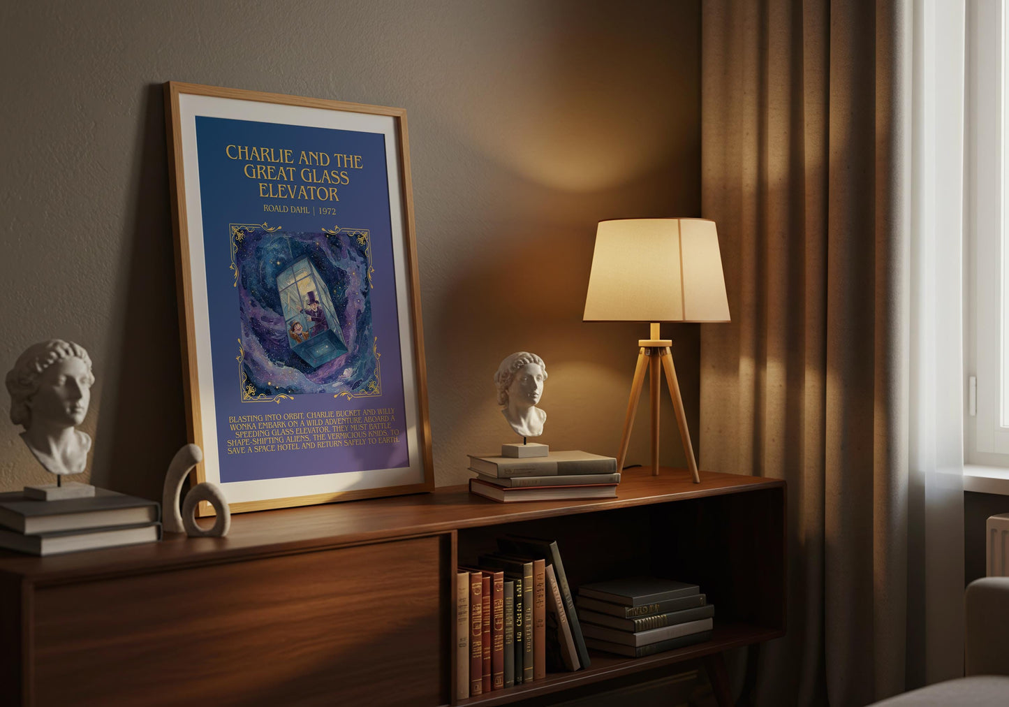 Charlie And The Great Glass Elevator by Roald Dahl Descriptive, High Quality Poster Print.Free Delivery Wall Art.Author&Blurb Book Nook Gift
