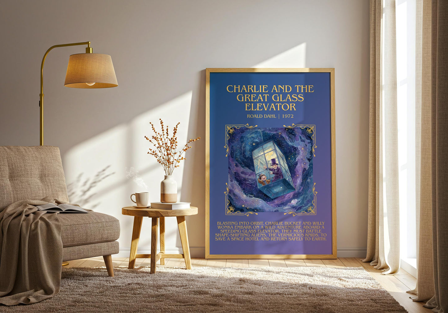 Charlie And The Great Glass Elevator by Roald Dahl Descriptive, High Quality Poster Print.Free Delivery Wall Art.Author&Blurb Book Nook Gift