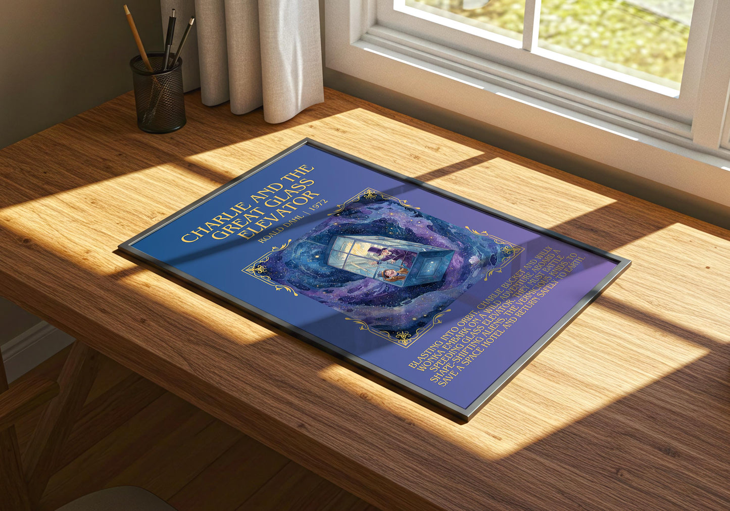 Charlie And The Great Glass Elevator by Roald Dahl Descriptive, High Quality Poster Print.Free Delivery Wall Art.Author&Blurb Book Nook Gift