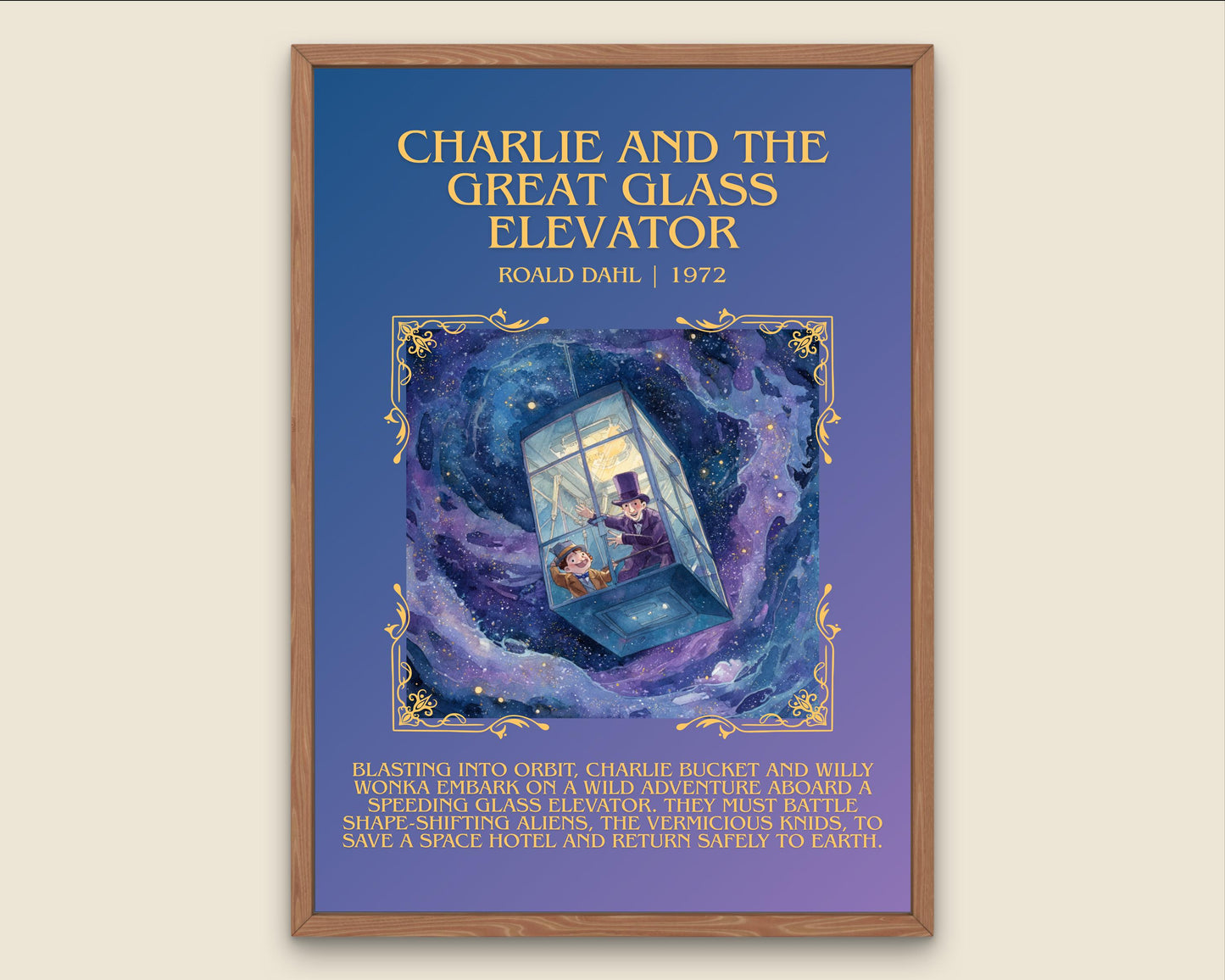 Charlie And The Great Glass Elevator by Roald Dahl Descriptive, High Quality Poster Print.Free Delivery Wall Art.Author&Blurb Book Nook Gift