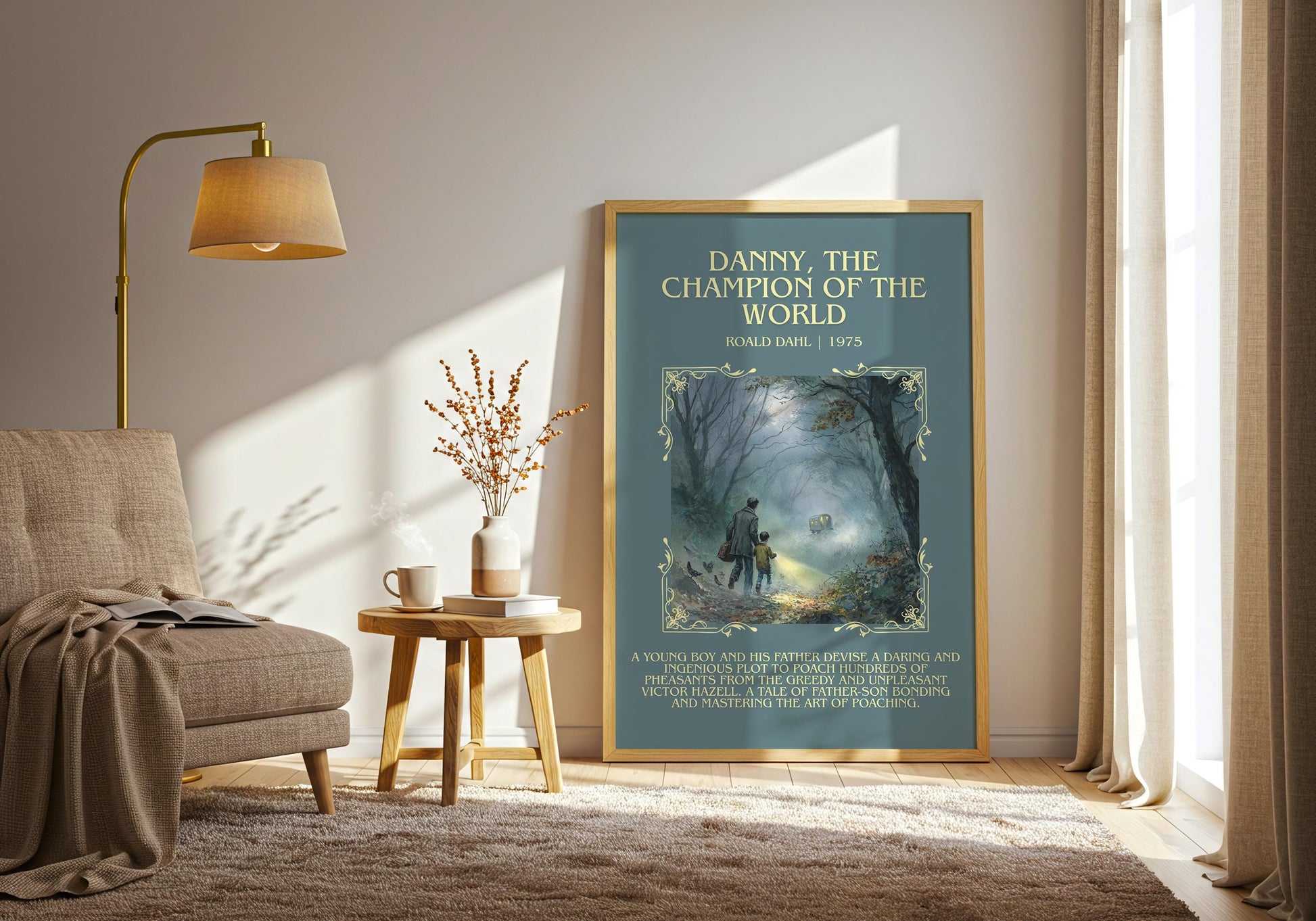 Danny, The Champion Of The World by Roald Dahl Descriptive, High Quality Poster Print.Free Delivery Wall Art.Author&Blurb Book Nook Gift