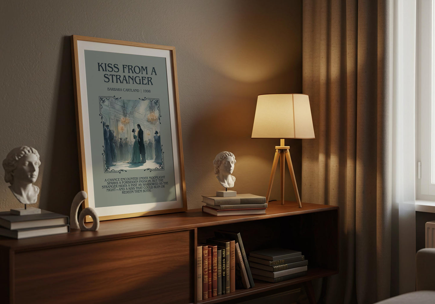 Kiss From A Stranger by Barbara Cartland Descriptive, High Quality Poster Print.Free Delivery Wall Art. Author&Blurb Book Nook Library Gift