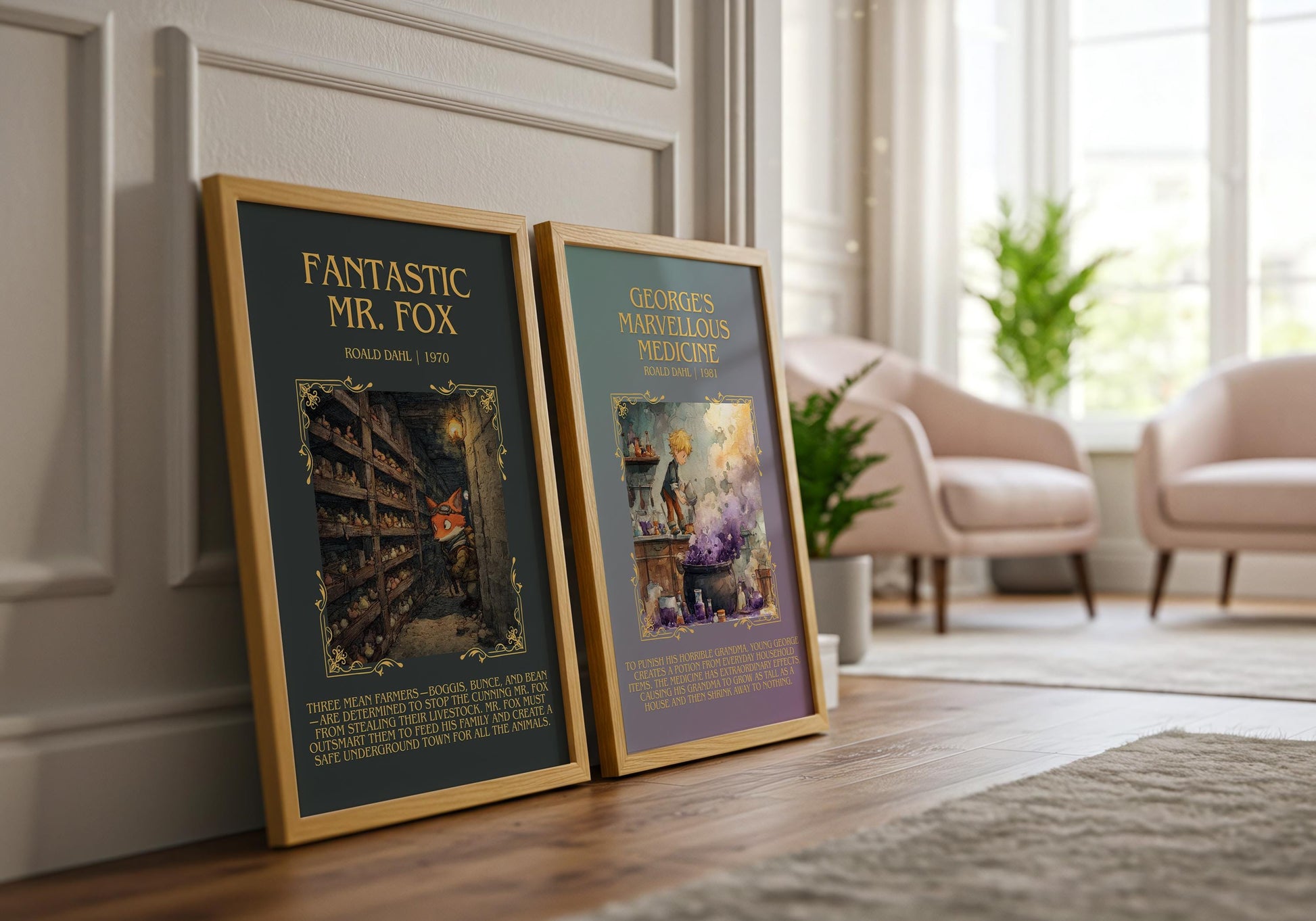 Fantastic Mr Fox by Roald Dahl Descriptive, High Quality Poster Print.Free Delivery Wall Art.Author&Blurb Book Nook Gift Library