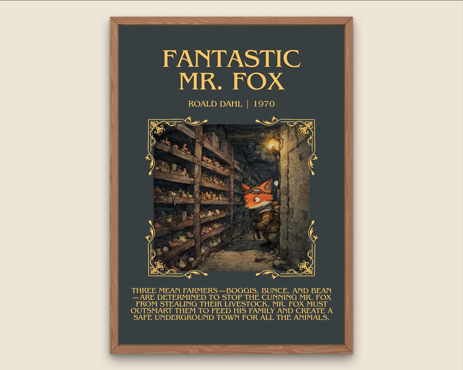 Fantastic Mr Fox by Roald Dahl Descriptive, High Quality Poster Print.Free Delivery Wall Art.Author&Blurb Book Nook Gift Library