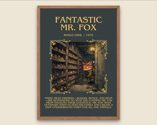 Fantastic Mr Fox by Roald Dahl Descriptive, High Quality Poster Print.Free Delivery Wall Art.Author&Blurb Book Nook Gift Library