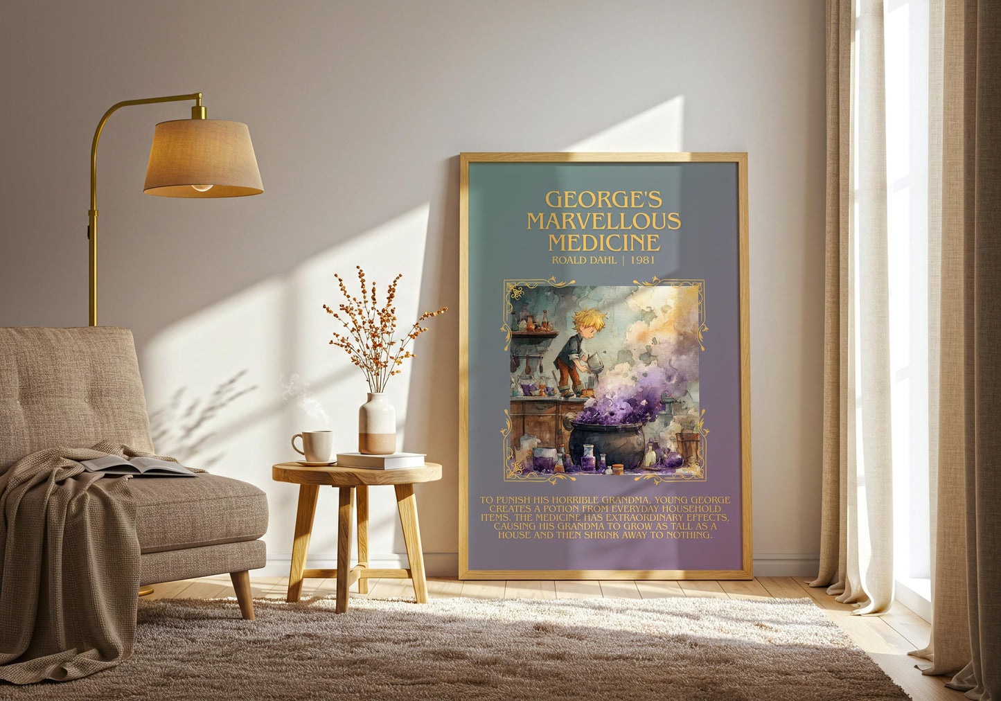 George's Marvellous Medicine by Roald Dahl Descriptive, High Quality Poster Print.Free Delivery Wall Art.Author&Blurb Book Nook Gift Library