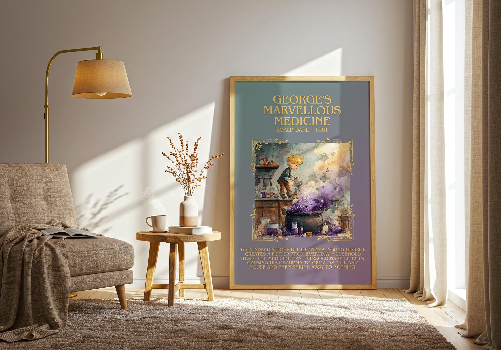 George's Marvellous Medicine by Roald Dahl Descriptive, High Quality Poster Print.Free Delivery Wall Art.Author&Blurb Book Nook Gift Library