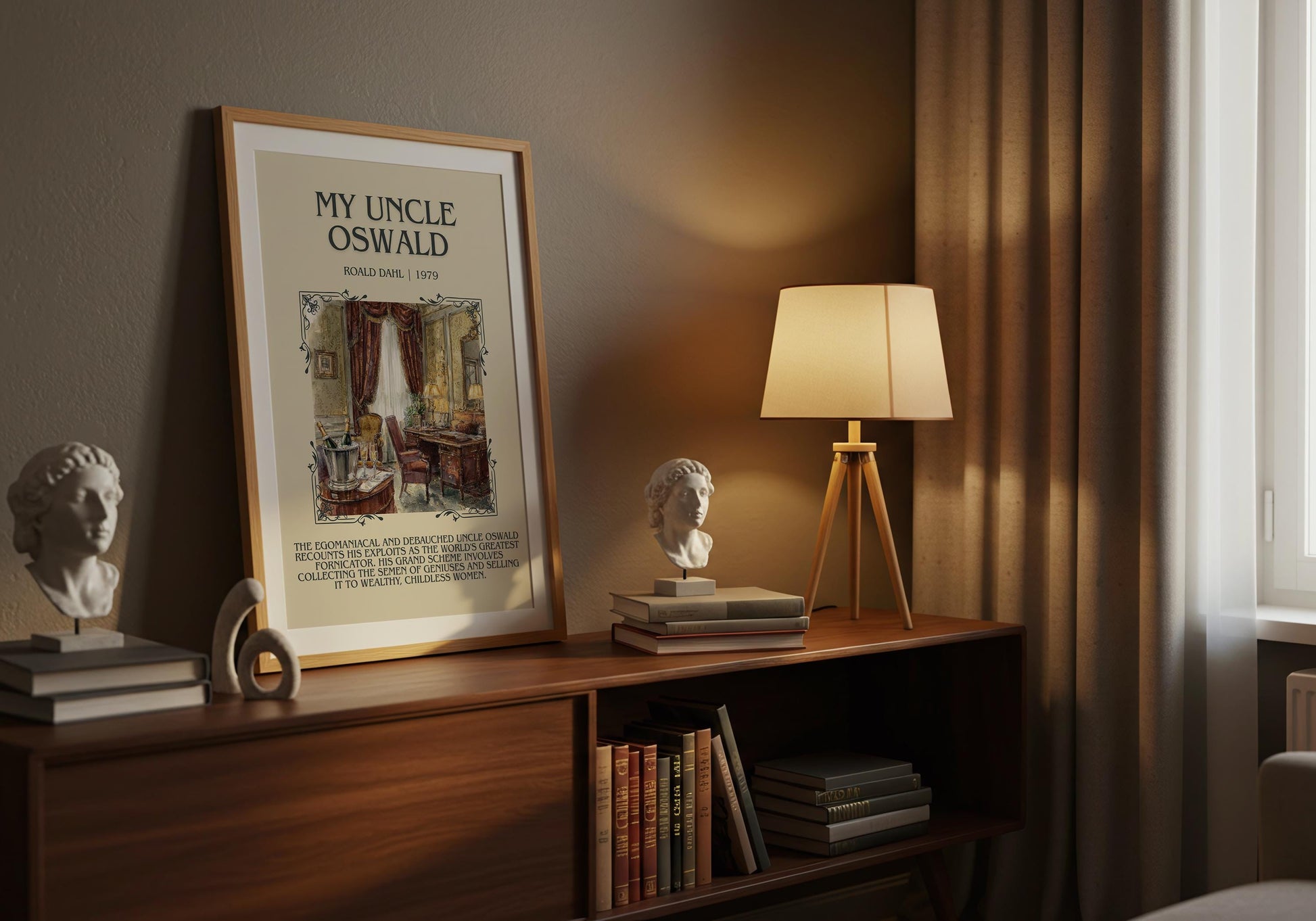 My Uncle Oswald by Roald Dahl Descriptive, High Quality Poster Print.Free Delivery Wall Art.Author&Blurb Book Nook Gift Library