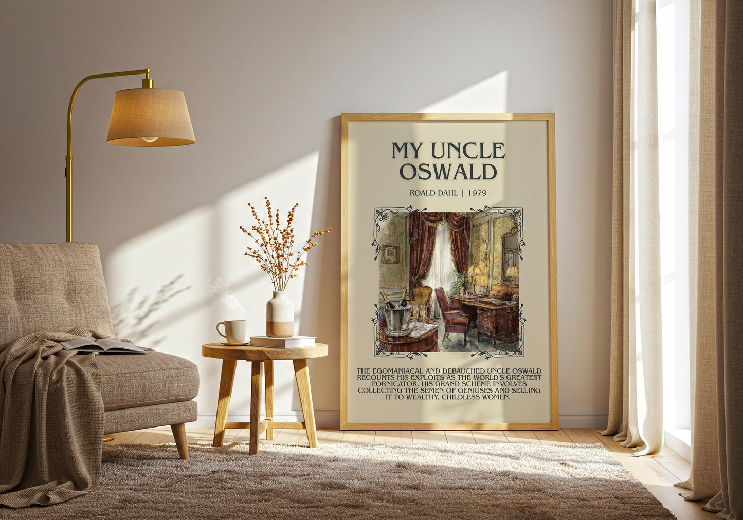 My Uncle Oswald by Roald Dahl Descriptive, High Quality Poster Print.Free Delivery Wall Art.Author&Blurb Book Nook Gift Library