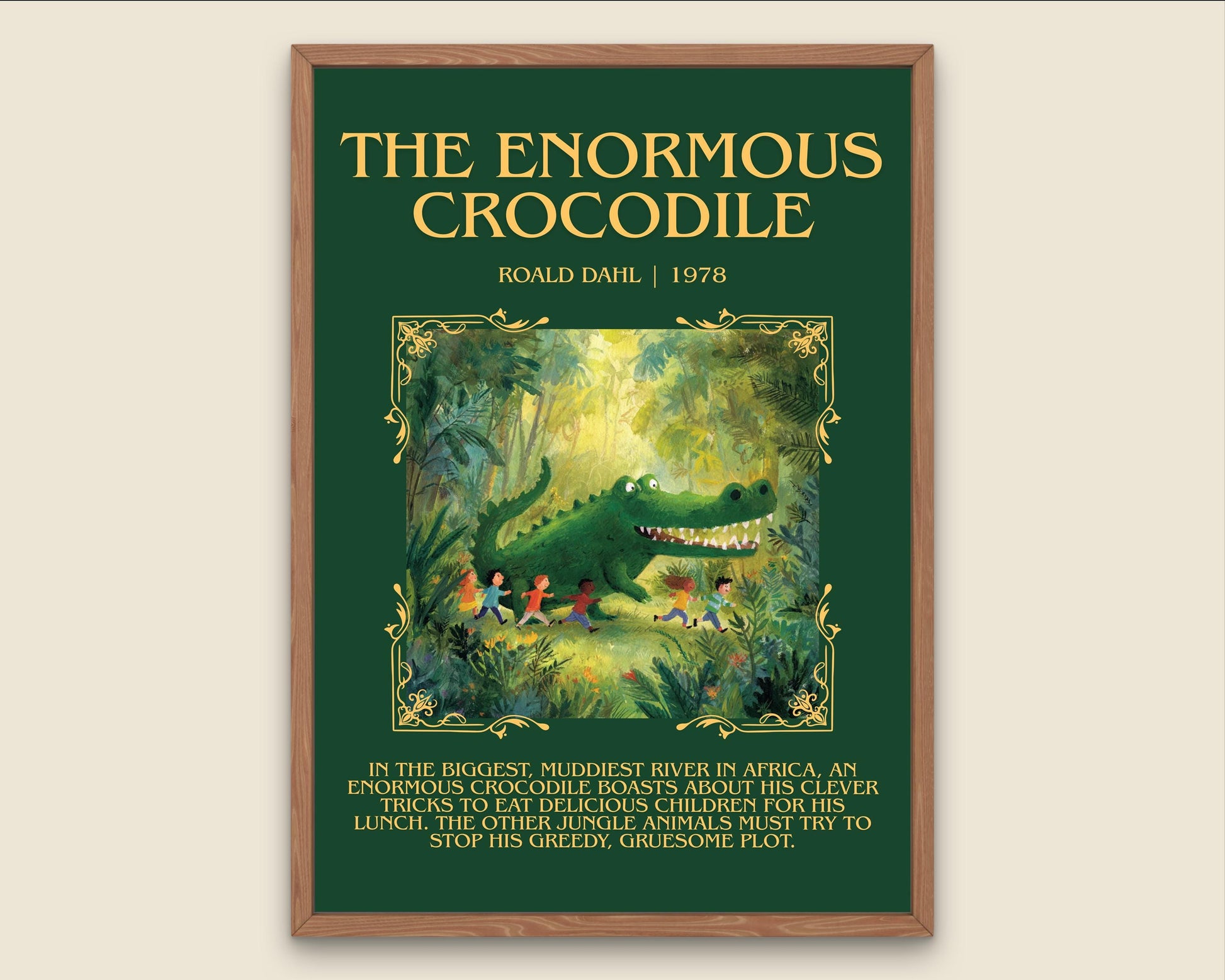 The Enormous Crocodile by Roald Dahl Descriptive, High Quality Poster Print.Free Delivery Wall Art.Author&Blurb Book Nook Gift Library