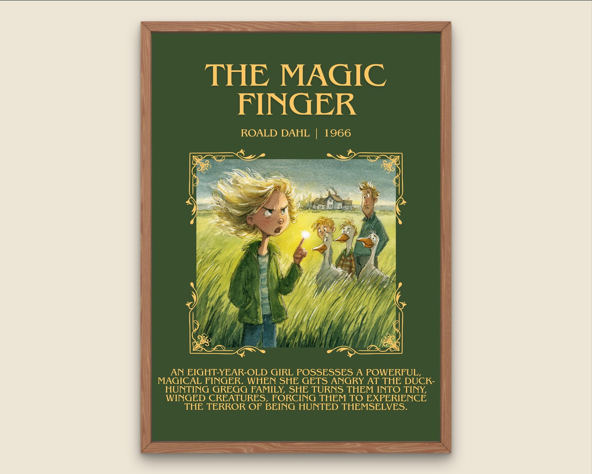 The Magic Finger by Roald Dahl Descriptive, High Quality Poster Print.Free Delivery Wall Art.Author&Blurb Book Nook Gift Library Kids Book