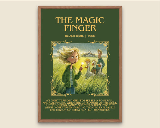 The Magic Finger by Roald Dahl Descriptive, High Quality Poster Print.Free Delivery Wall Art.Author&Blurb Book Nook Gift Library Kids Book