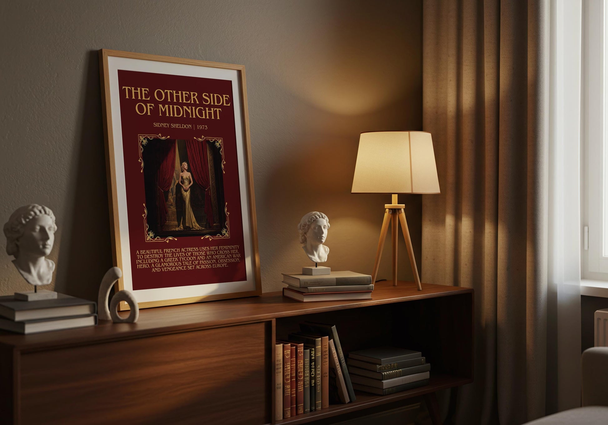 The Other Side Of Midnight by Sidney Sheldon Descriptive, High Quality Poster Print.Free Delivery Wall Art. Author&Blurb Book Nook Library