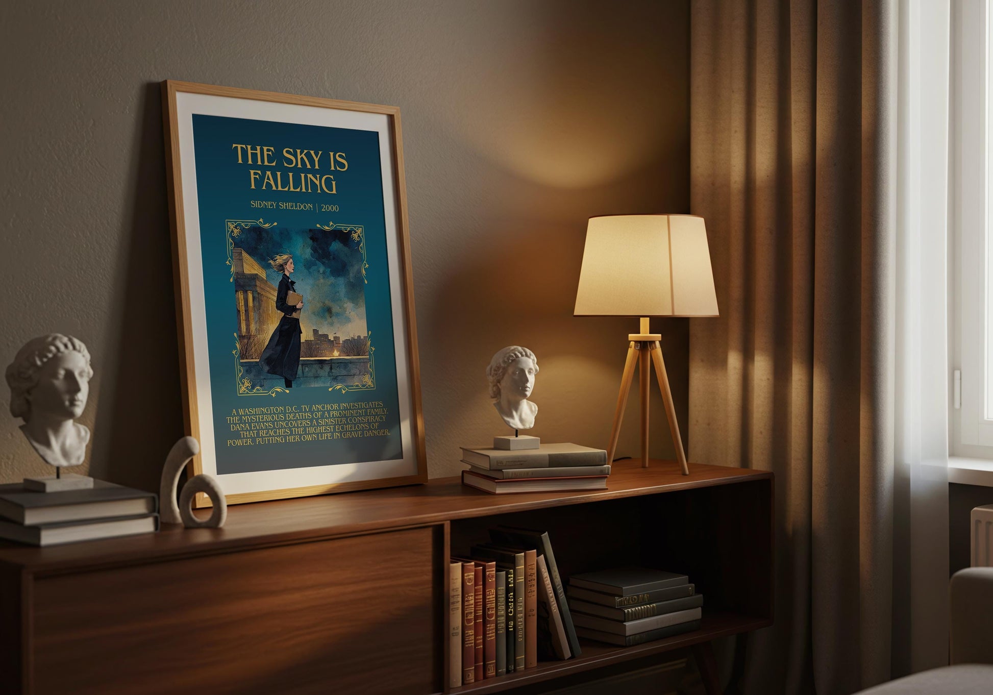 The Sky Is Falling by Sidney Sheldon Descriptive, High Quality Poster Print.Free Delivery Wall Art. Author&Blurb Book Nook Library