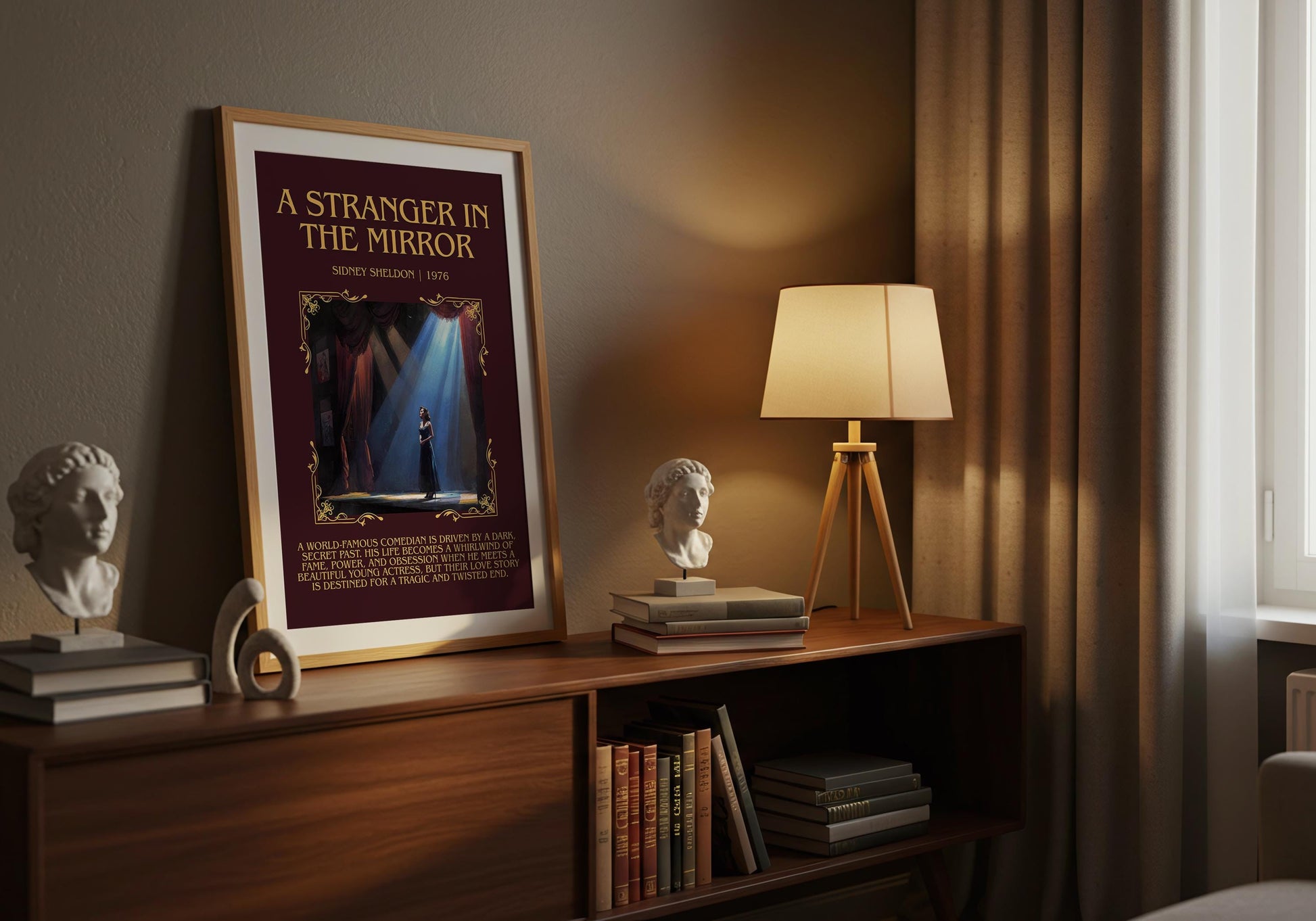 A Stranger In The Mirror by Sidney Sheldon Descriptive, High Quality Poster Print.Free Delivery Wall Art. Author&Blurb Book Nook Library