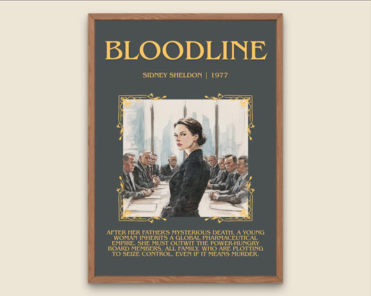 Bloodline by Sidney Sheldon Descriptive, High Quality Poster Print.Free Delivery Wall Art. Author&Blurb Book Nook Library