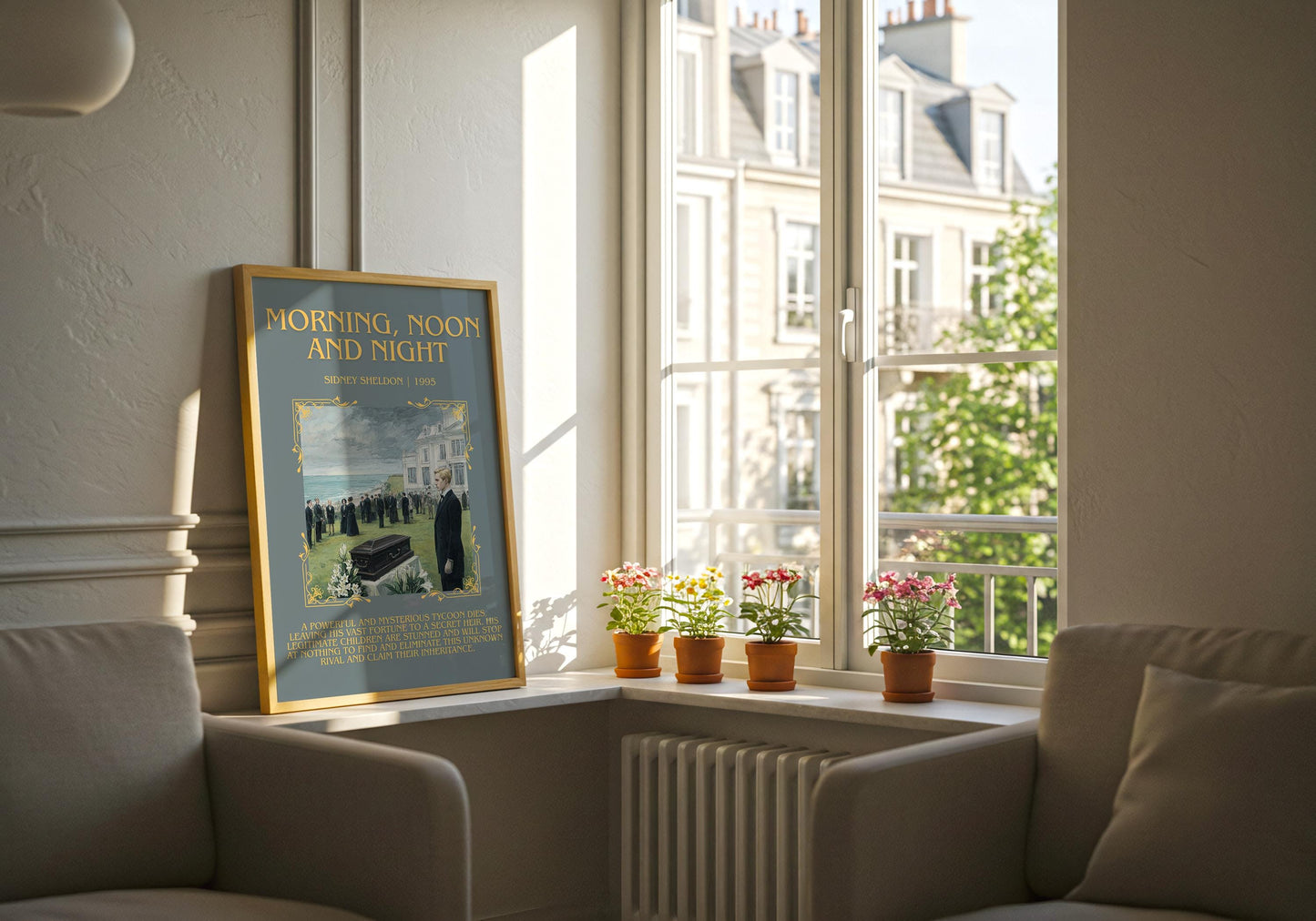 Morning,Noon and Night by Sidney Sheldon Descriptive, High Quality Poster Print.Free Delivery Wall Art. Author&Blurb Book Nook Library