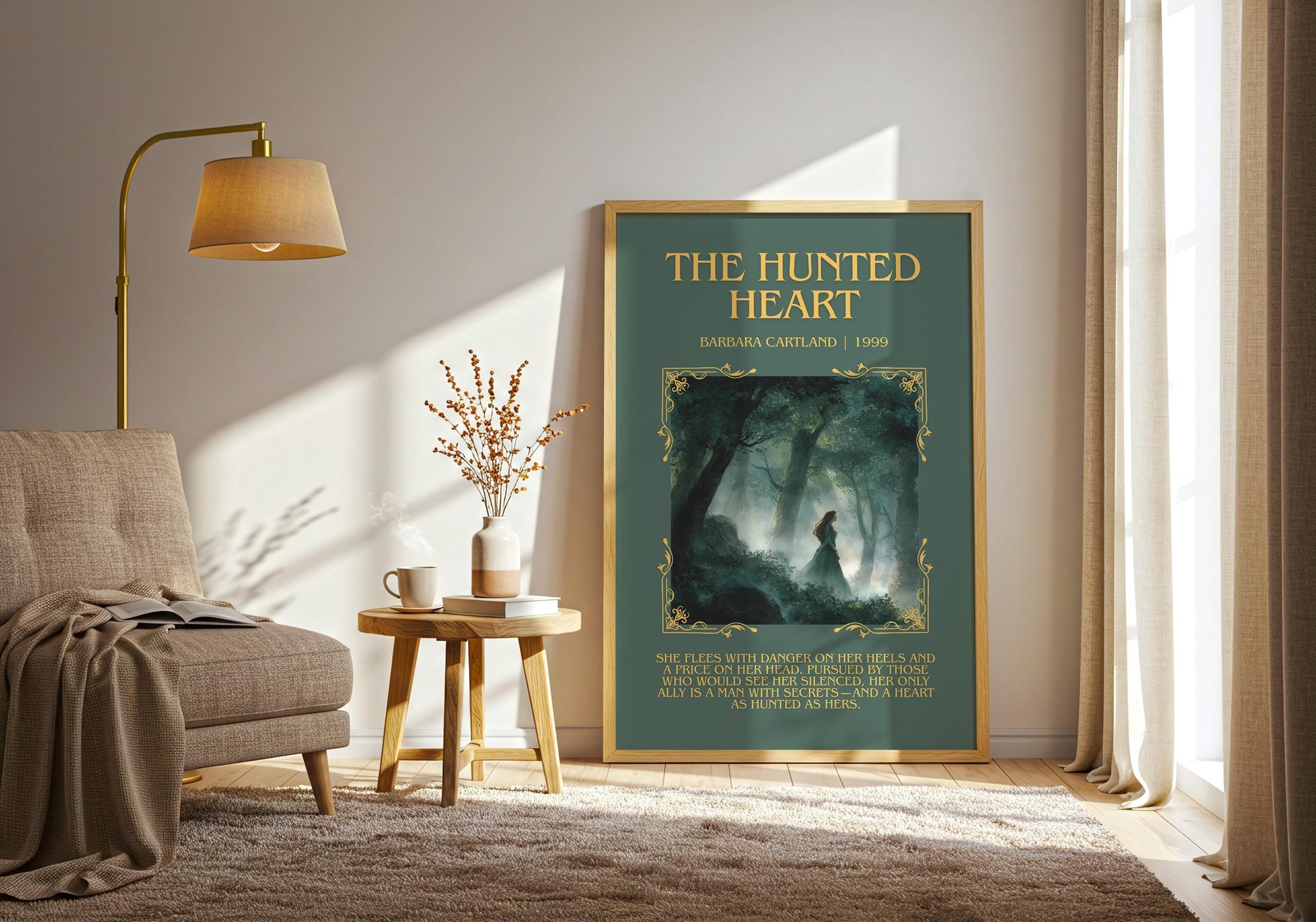 The Hunted Heart by Barbara Cartland Descriptive, High Quality Poster Print.Free Delivery Wall Art. Author&Blurb Book Nook Library Gift