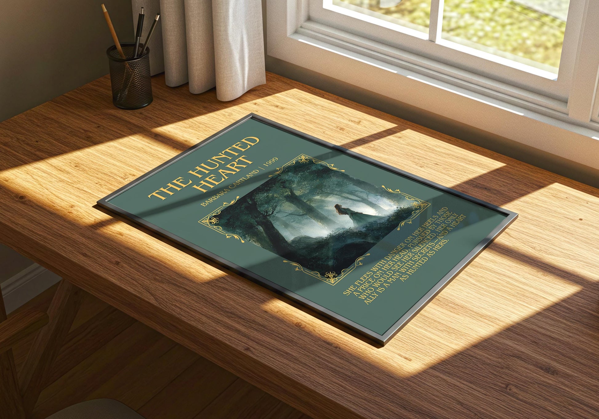 The Hunted Heart by Barbara Cartland Descriptive, High Quality Poster Print.Free Delivery Wall Art. Author&Blurb Book Nook Library Gift