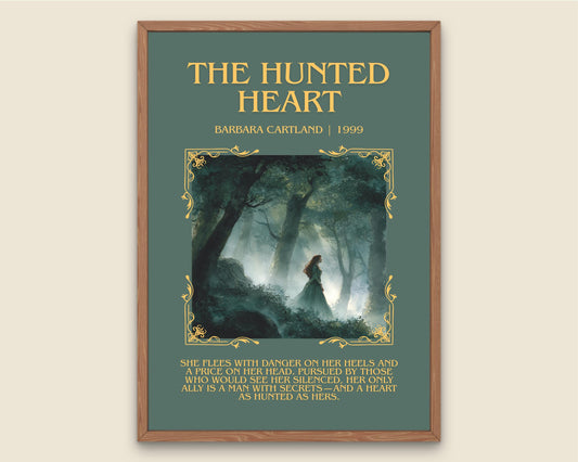 The Hunted Heart by Barbara Cartland Descriptive, High Quality Poster Print.Free Delivery Wall Art. Author&Blurb Book Nook Library Gift
