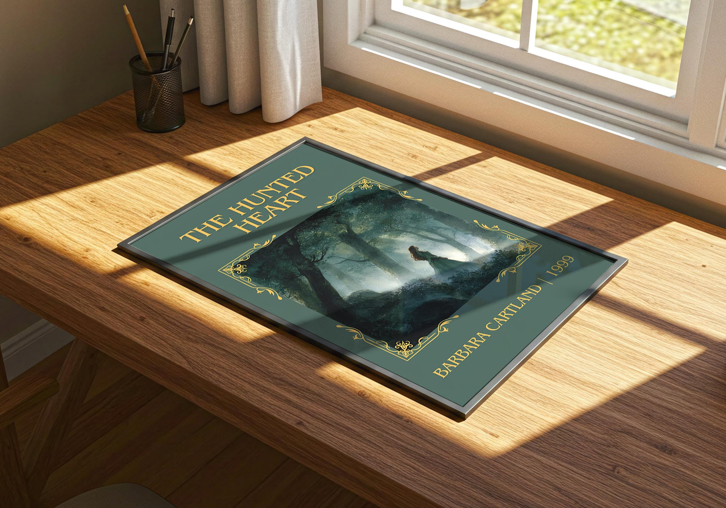 The Hunted Heart by Barbara Cartland Descriptive, High Quality Poster Print.Free Delivery Wall Art. Author&Blurb Book Nook Library Gift