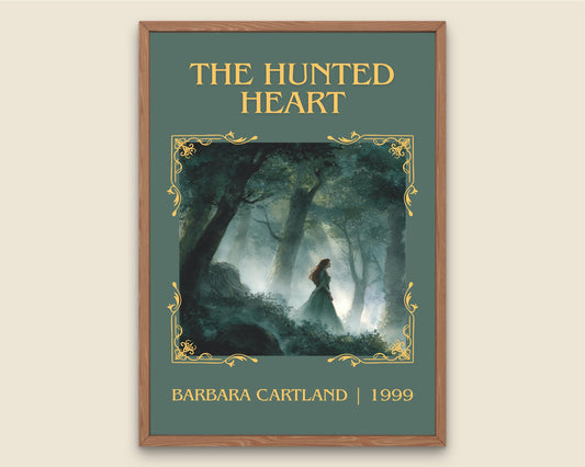 The Hunted Heart by Barbara Cartland Descriptive, High Quality Poster Print.Free Delivery Wall Art. Author&Blurb Book Nook Library Gift