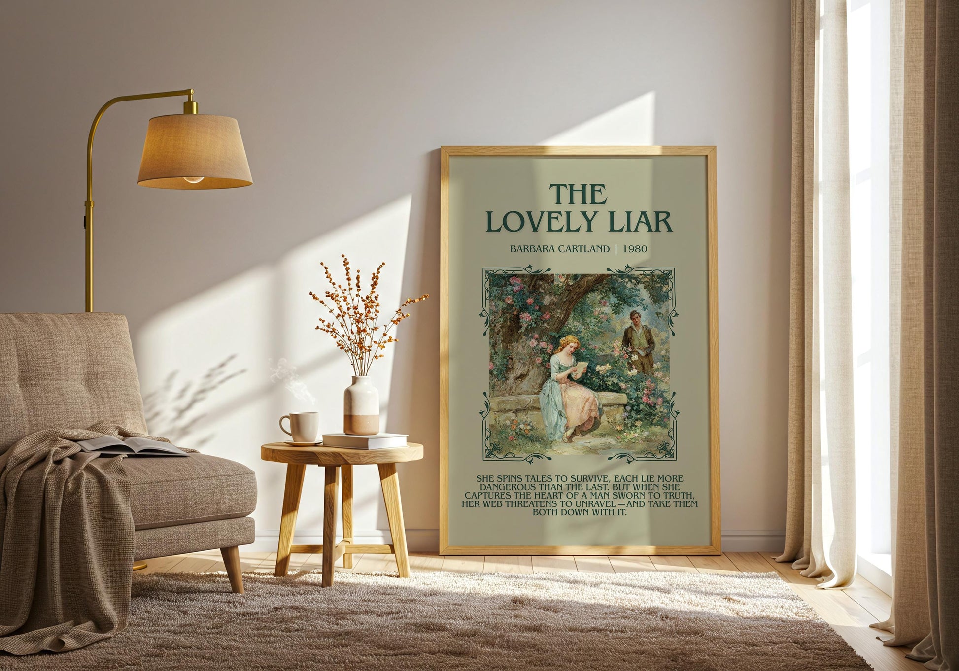 The Lovely Liar by Barbara Cartland Descriptive, High Quality Poster Print.Free Delivery Wall Art. Author&Blurb Book Nook Library Gift