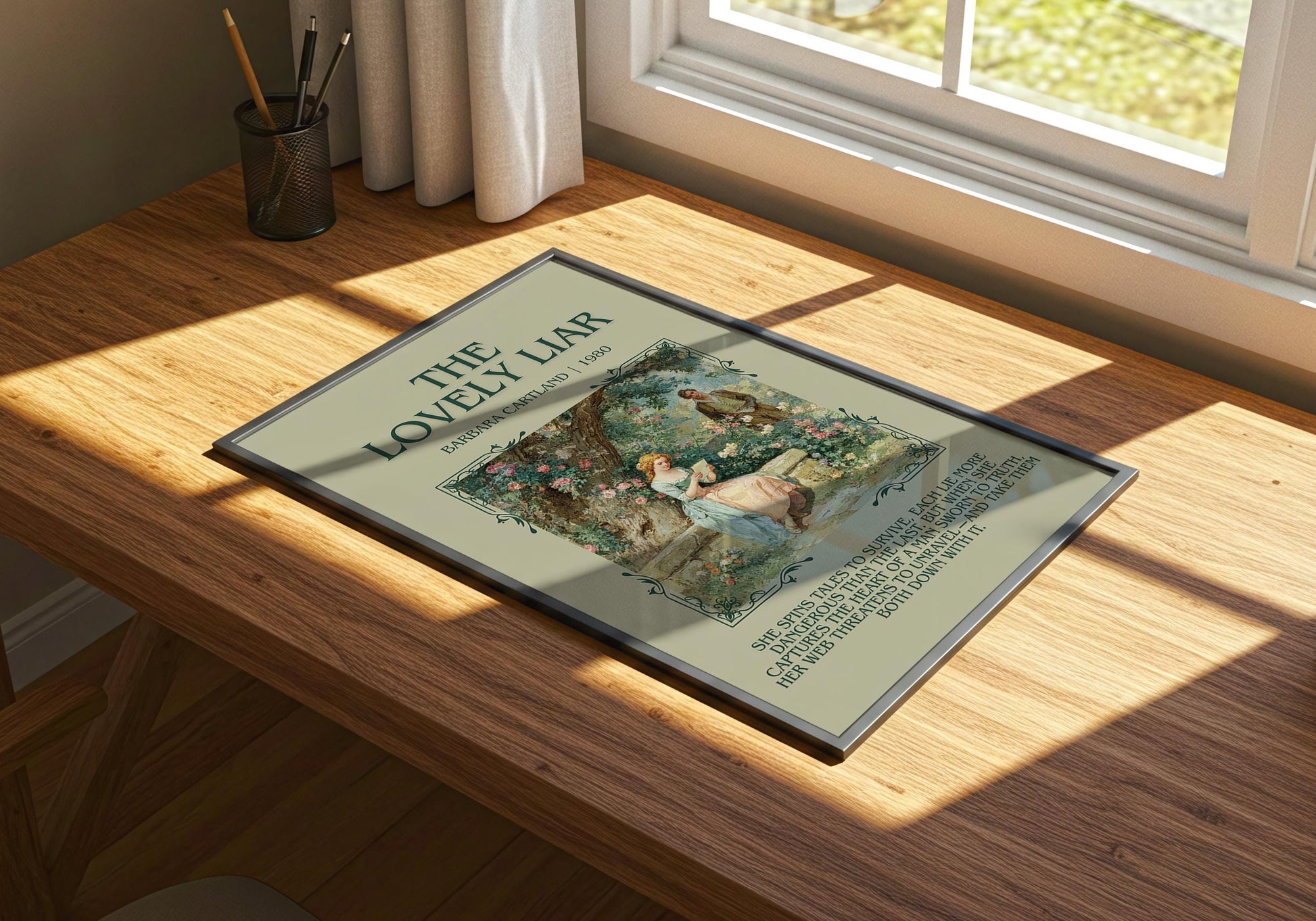 The Lovely Liar by Barbara Cartland Descriptive, High Quality Poster Print.Free Delivery Wall Art. Author&Blurb Book Nook Library Gift