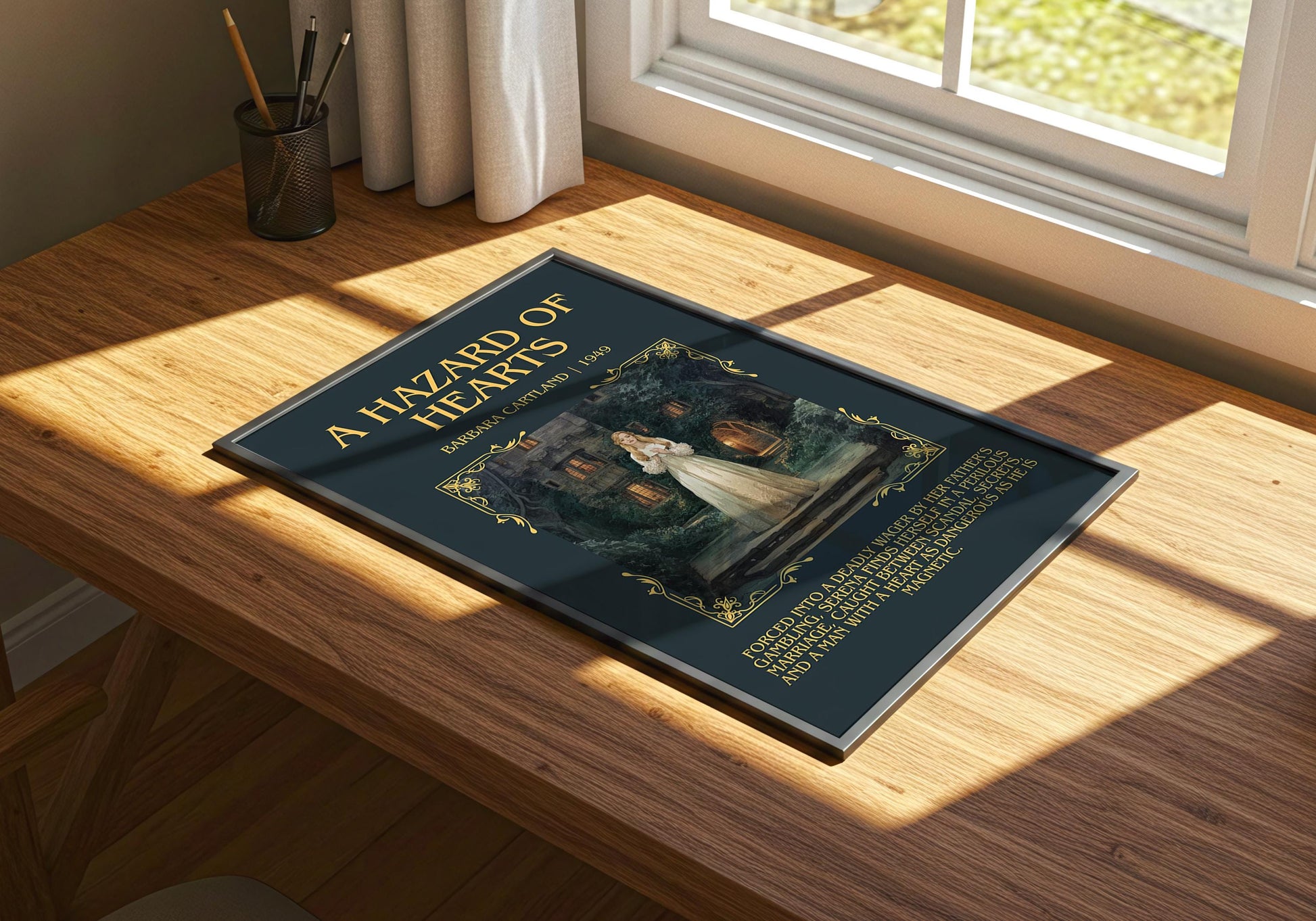 A Hazard Of Hearts by Barbara Cartland Descriptive, High Quality Poster Print.Free Delivery Wall Art. Author&Blurb Book Nook Library