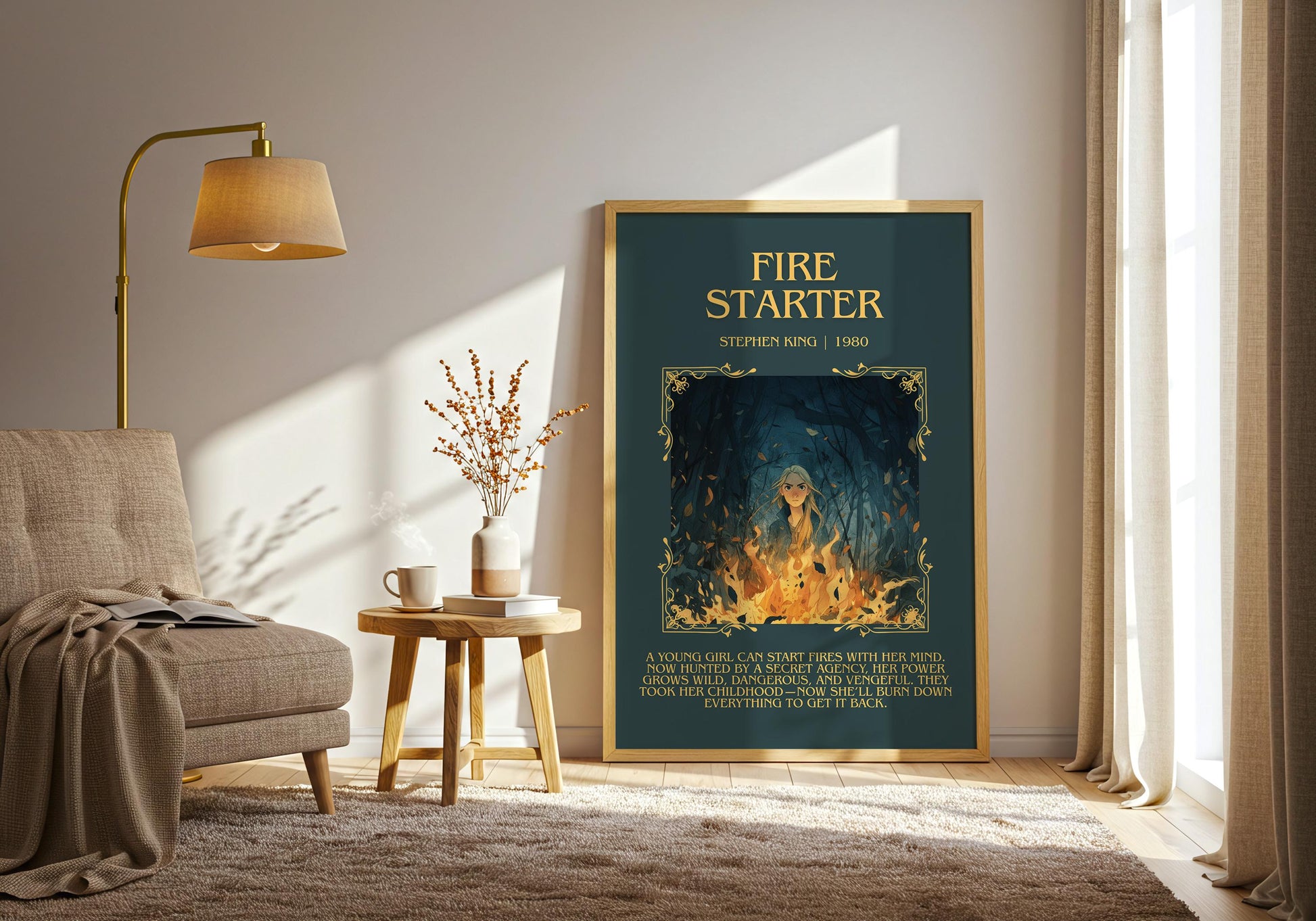 Fire Starter by Stephen King Descriptive, High Quality Poster Print.Free Delivery Wall Art. Author&Blurb Book Nook Library Gift Art