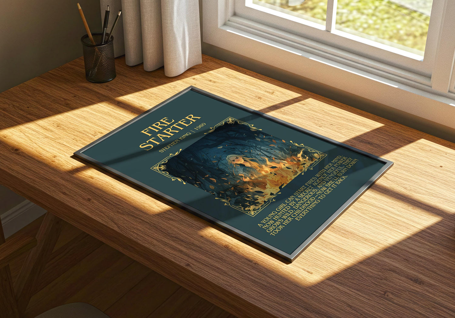 Fire Starter by Stephen King Descriptive, High Quality Poster Print.Free Delivery Wall Art. Author&Blurb Book Nook Library Gift Art