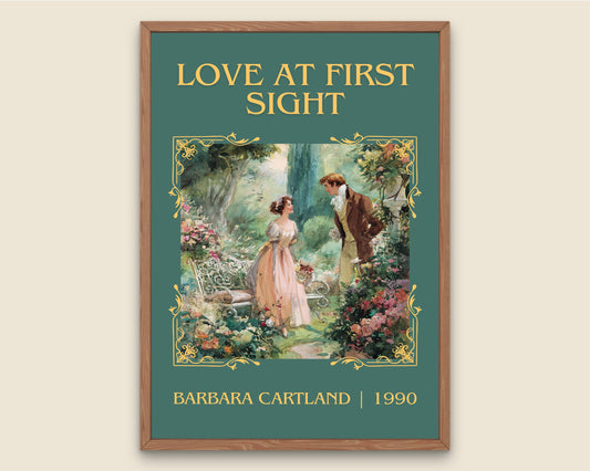 Love At First Sight by Barbara Cartland Descriptive, High Quality Poster Print.Free Delivery Wall Art. Author&Blurb Book Nook Library Gift