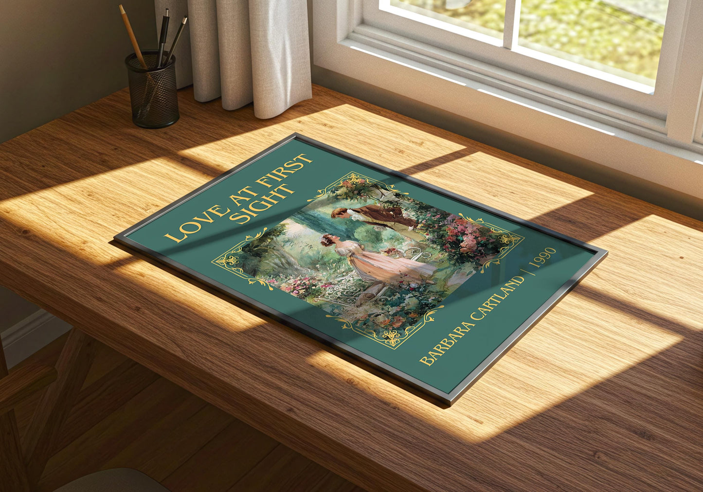 Love At First Sight by Barbara Cartland Descriptive, High Quality Poster Print.Free Delivery Wall Art. Author&Blurb Book Nook Library Gift