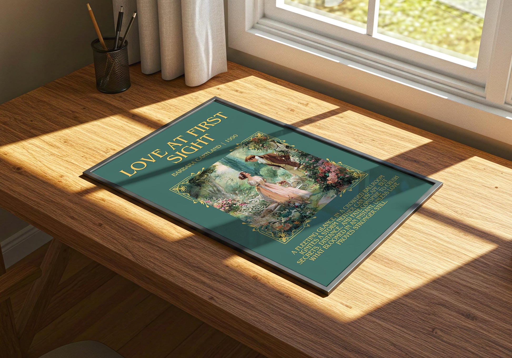 Love At First Sight by Barbara Cartland Descriptive, High Quality Poster Print.Free Delivery Wall Art. Author&Blurb Book Nook Library Gift