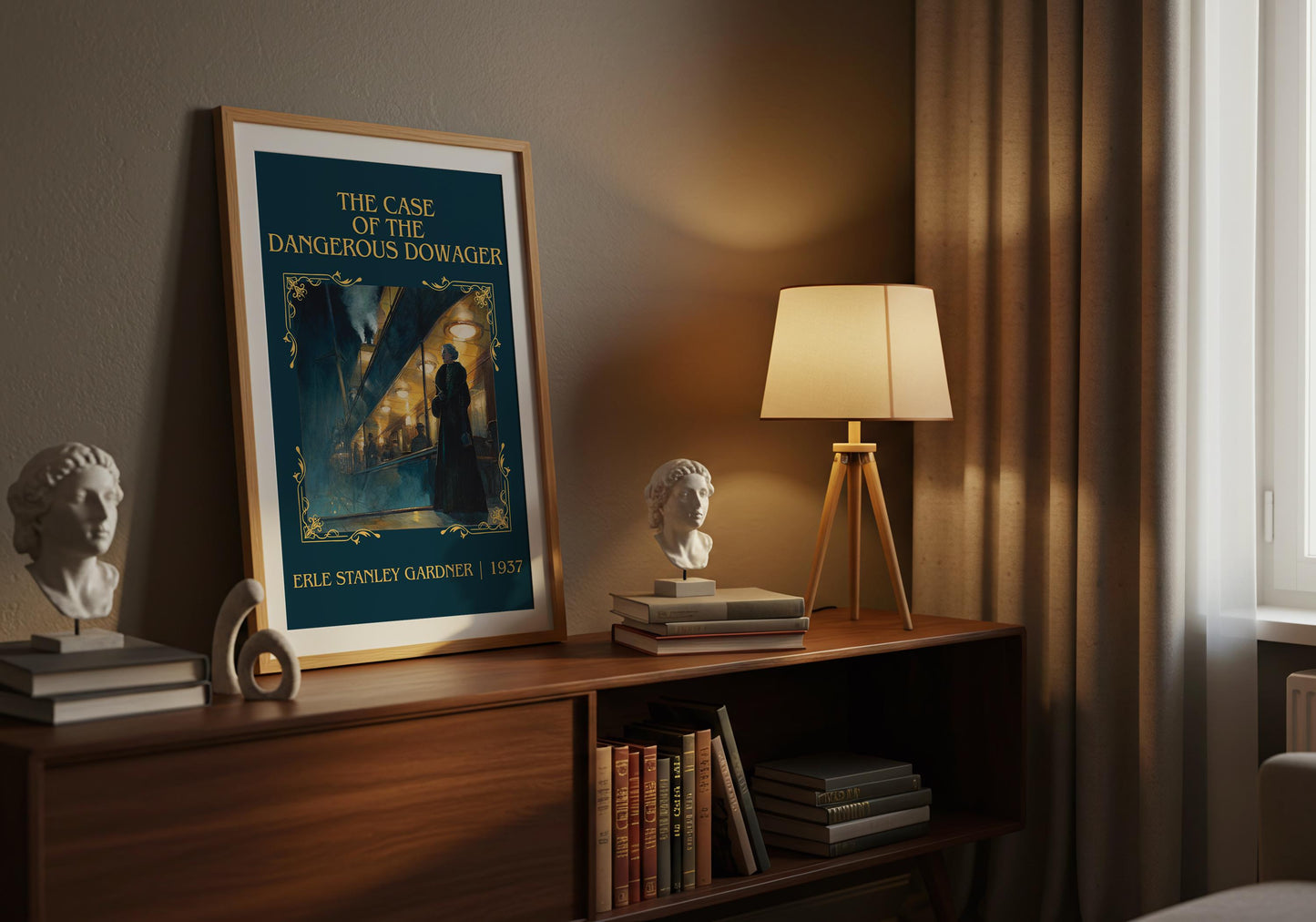 The Case Of The Dangerous Dowager by Erle Stanley Gardner Descriptive Poster Print.Free Delivery Wall Art. Author&Blurb Book Artwork Novel