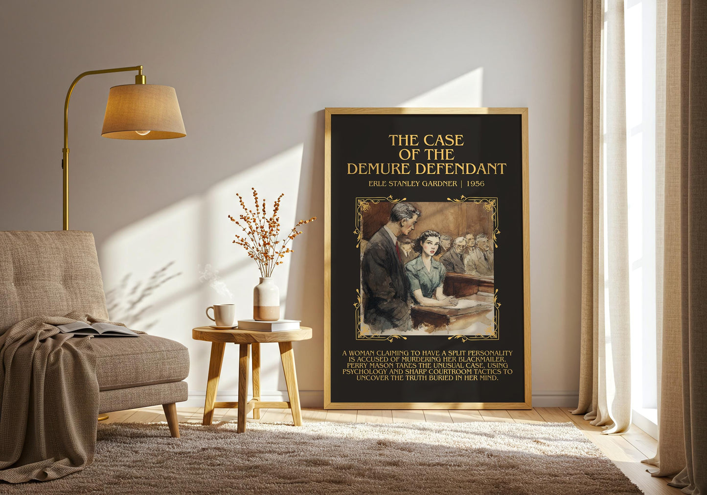 The Case Of The Demure Defendant by Erle Stanley Gardner Descriptive Poster Print.Free Delivery Wall Art Author&Blurb Book Artwork Novel