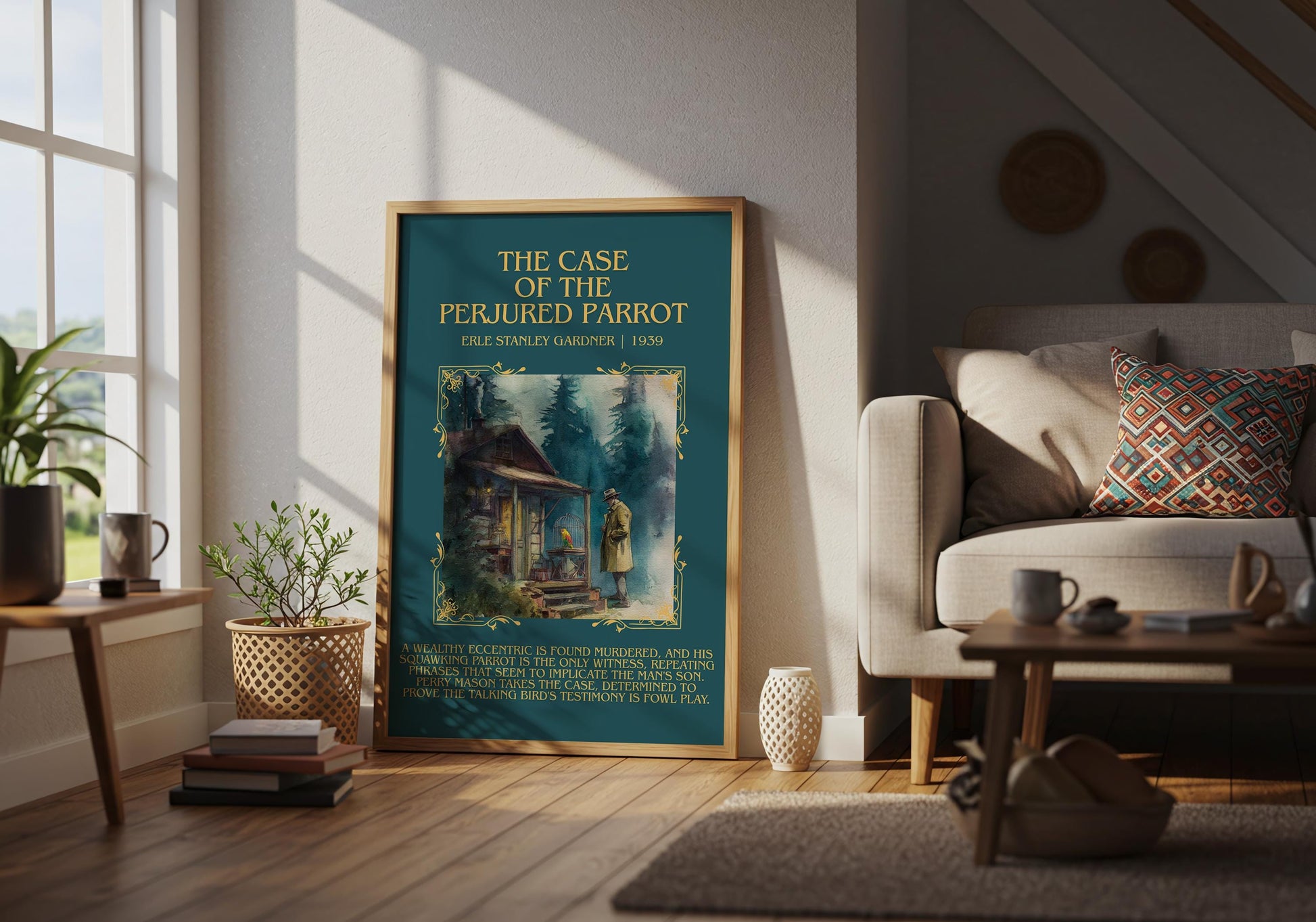 The Case Of The Perjured Parrot by Erle Stanley Gardner Descriptive Poster Print.Free Delivery Wall Art Author&Blurb Book Artwork Novel