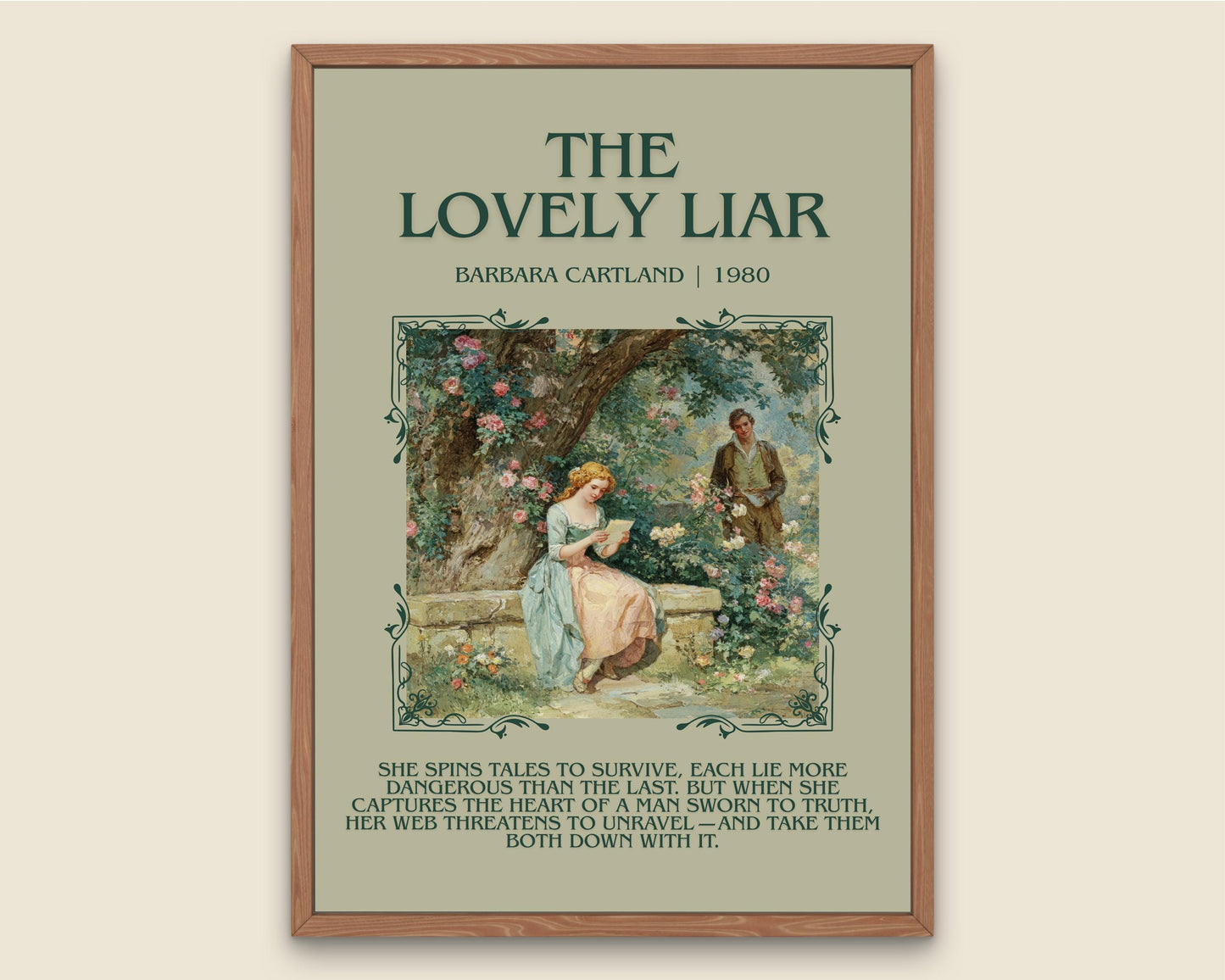The Lovely Liar by Barbara Cartland Descriptive, High Quality Poster Print.Free Delivery Wall Art. Author&Blurb Book Nook Library Gift