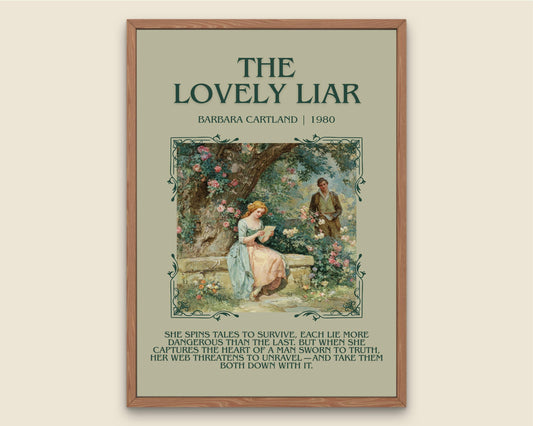 The Lovely Liar by Barbara Cartland Descriptive, High Quality Poster Print.Free Delivery Wall Art. Author&Blurb Book Nook Library Gift