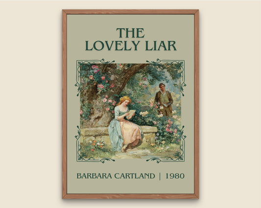 The Lovely Liar by Barbara Cartland Descriptive, High Quality Poster Print.Free Delivery Wall Art. Author&Blurb Book Nook Library Gift