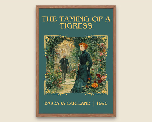 The Taming Of A Tigress by Barbara Cartland Descriptive, High Quality Poster Print.Free Delivery Wall Art. Author&Blurb Book Nook Library