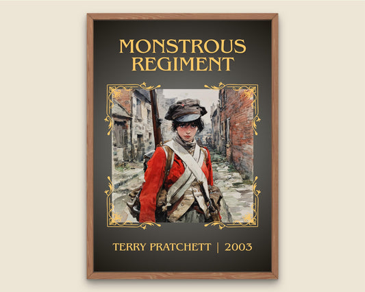 Monstrous Regiment by Terry Pratchett Descriptive, High Quality Poster Print.Free Delivery Wall Art. Author&Blurb Book Nook Library Gift