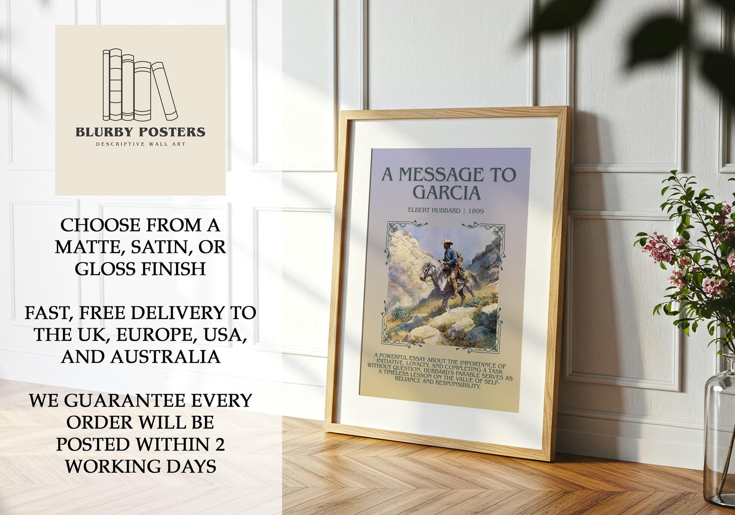 A Message To Garcia by Elbert Hubbard Descriptive Poster Print.Free Delivery Wall Art Author&Blurb Book Artwork Novel Poster Minimalist