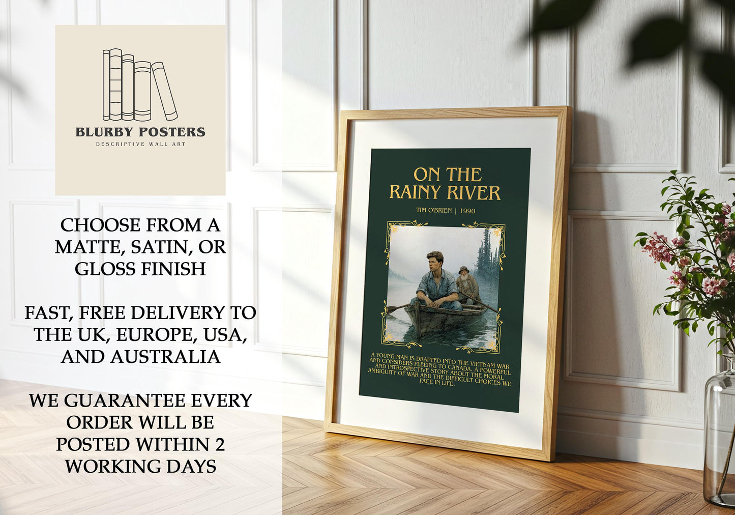 On The Rainy River by Tim O'Brien Descriptive Poster Print.Free Delivery Wall Art Author&Blurb Book Artwork Novel Poster