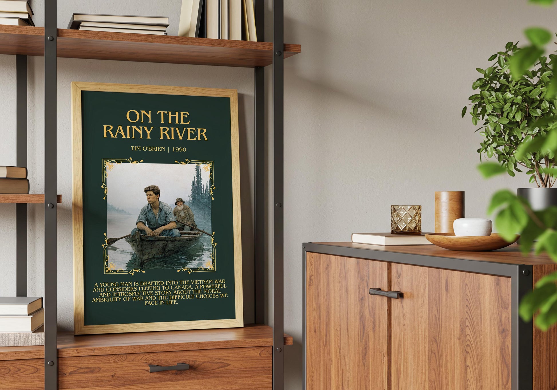 On The Rainy River by Tim O'Brien Descriptive Poster Print.Free Delivery Wall Art Author&Blurb Book Artwork Novel Poster
