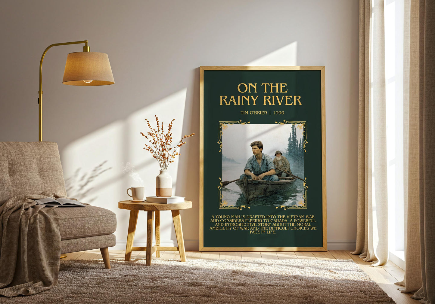 On The Rainy River by Tim O'Brien Descriptive Poster Print.Free Delivery Wall Art Author&Blurb Book Artwork Novel Poster