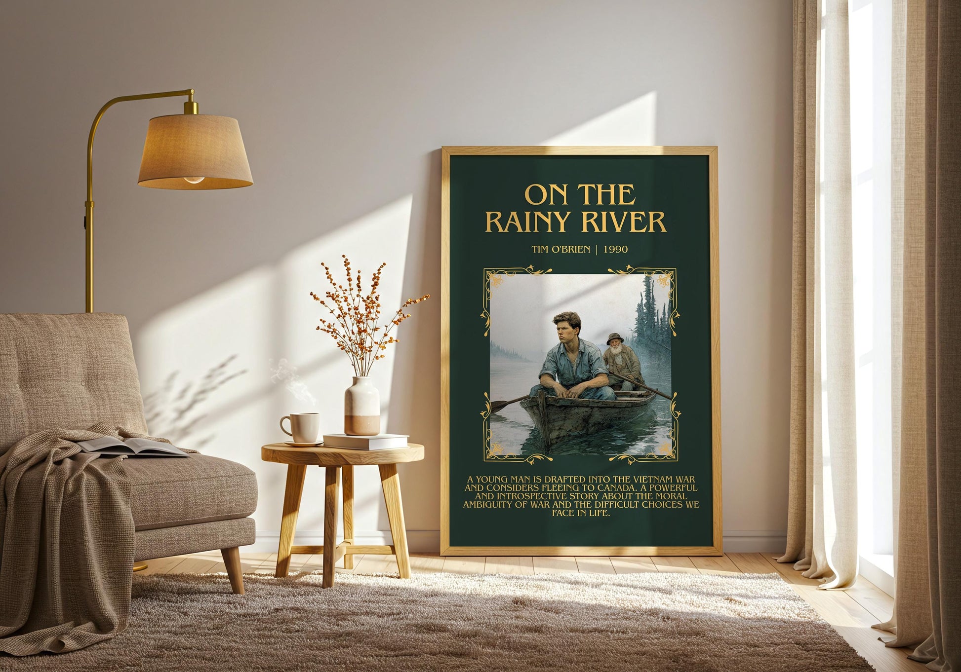 On The Rainy River by Tim O'Brien Descriptive Poster Print.Free Delivery Wall Art Author&Blurb Book Artwork Novel Poster