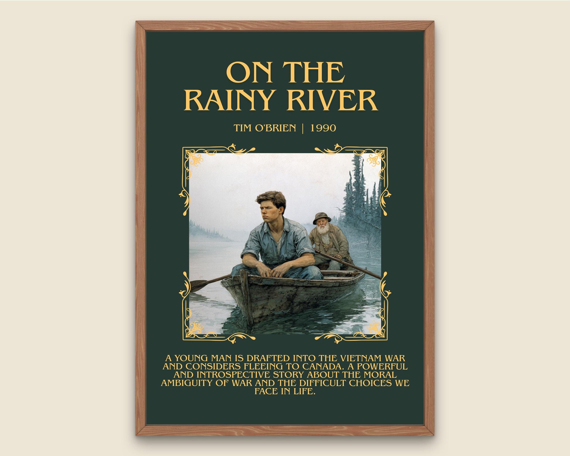 On The Rainy River by Tim O'Brien Descriptive Poster Print.Free Delivery Wall Art Author&Blurb Book Artwork Novel Poster