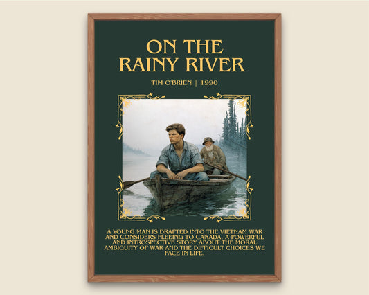 On The Rainy River by Tim O'Brien Descriptive Poster Print.Free Delivery Wall Art Author&Blurb Book Artwork Novel Poster