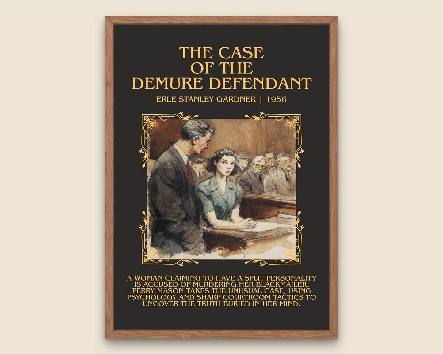 The Case Of The Demure Defendant by Erle Stanley Gardner Descriptive Poster Print.Free Delivery Wall Art Author&Blurb Book Artwork Novel
